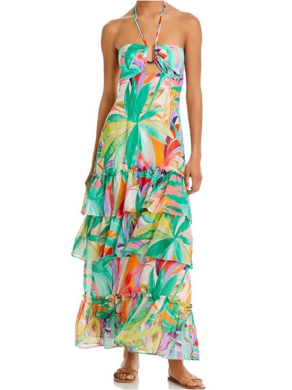 Wayf Multicolor Tropical Halter Tiered Maxi Dress